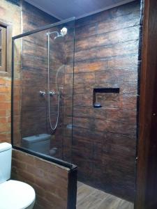 a bathroom with a glass shower with a toilet at Chalet di Alta Montagna in Santo Antônio do Pinhal