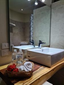 een badkamer met een wastafel en een spiegel bij Hotel Campestre Santa Clara in San Juan Bautista Tuxtepec
