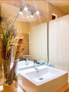 een badkamer met een wastafel en een vaas met een plant bij Hotel Campestre Santa Clara in San Juan Bautista Tuxtepec
