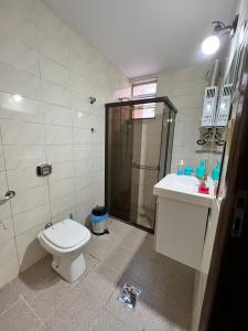 a bathroom with a shower and a toilet and a sink at charmoso vista mar apê copa 80 metros da praia in Rio de Janeiro