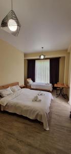 a large bedroom with two beds and a large window at Hotel Canionel in Martvili