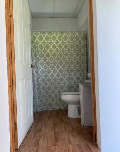a bathroom with a toilet and a wall at Tropical Vibes Beach House in San Rafael