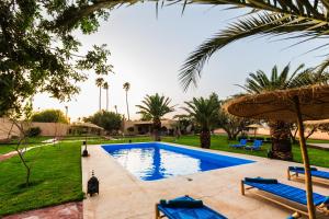 a swimming pool in a yard with palm trees at Villa Warhol Marrakech in Marrakech