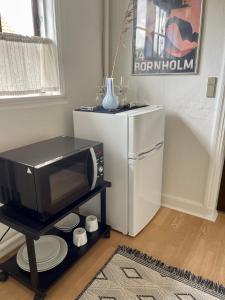 a microwave sitting on a stand next to a refrigerator at beach room in Snogebæk