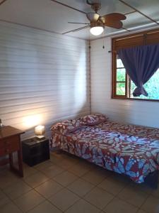 a bedroom with a bed and a window at Enzo lodge chambre tipanier in Papawa