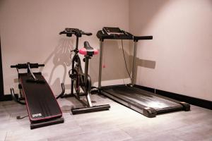 昆明Gongxili-Xijian Hotel - Kunming Dongfeng East Road Dashuying Metro Station的一间设有两辆健身自行车和跑步机的房间