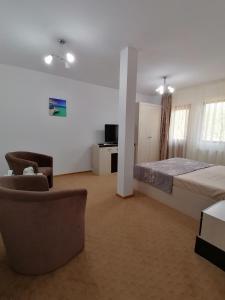 a hotel room with a bed and a chair at Casa Carp Calarasi in Călăraşi