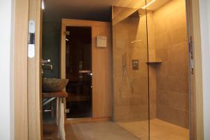 eine Glasdusche im Bad mit Waschbecken in der Unterkunft Dinaro Suite, Sauna & Garden in Franzensfeste