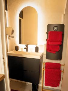 a bathroom with a sink and a mirror and red towels at Le confort à 2 pas de la gare in Sens