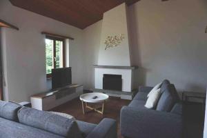 uma sala de estar com um sofá azul e uma televisão em Casa Verbanella em Minusio