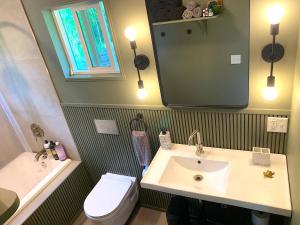 a bathroom with a sink and a toilet and a mirror at Seaside House and Aloha Bungalow in Pahoa