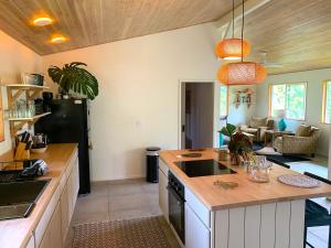 a kitchen with a sink and a black refrigerator at Seaside House and Aloha Bungalow in Pahoa