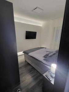 um quarto com uma cama e uma mesa com uma televisão em Flower Apartman Győr em Gyor