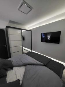 um quarto com uma cama e uma televisão de ecrã plano em Flower Apartman Győr em Gyor