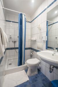 ein Bad mit einem WC, einem Waschbecken und einer Dusche in der Unterkunft Hotel Luna Budapest in Budapest