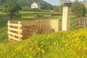 a fence and a field of flowers and a house at Popasul Verde in Sîngeorz-Băi