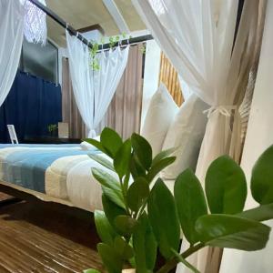 Nabua的住宿－11th Earth Farm and Resort，一间卧室配有一张带白色窗帘和植物的床