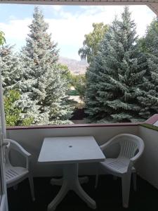stół i dwa krzesła przed oknem z drzewami w obiekcie Private Luxury Villa - Issyk Kul w mieście Czołponata