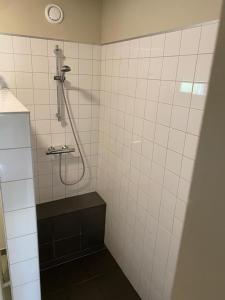 a shower in a white tiled bathroom with a sink at Hof Gensterbloem 