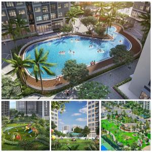 a collage of pictures of a swimming pool in a city at Blue Ocean Homestay in Hanoi