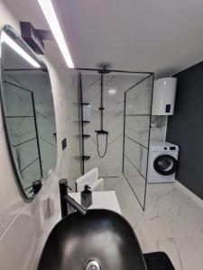 La salle de bains est pourvue d'un lavabo noir et d'une douche. dans l'établissement House Palijan, à Rakovica