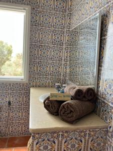 a bathroom with a sink and a mirror and towels at Maison d'Hote Domaine El-Manar in Zarzis