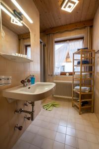 a bathroom with a sink and a shelf and a window at Ferienhaus Olympia in Lermoos