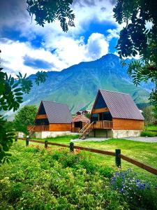 two wooden buildings with a mountain in the background at Hillside Kazbegi in Stepantsminda