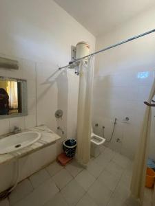 a bathroom with a sink and a shower and a toilet at Pushkar Heritage in Pushkar