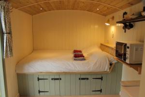 a bed in a small room with a microwave at Cosy Shepherd's Hut with Hot Tub in Church Stretton