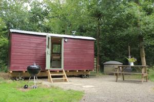 a red shed with a grill and a bbq at Cosy Shepherd's Hut with Hot Tub in Church Stretton