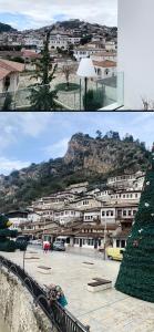 two pictures of a town with a mountain at B&BSheshalliu in Berat