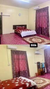 two pictures of a bedroom with a bed and curtains at Tina Homestay Budget in Ketereh
