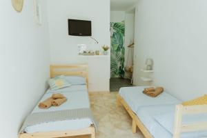 1 dormitorio con 2 camas y TV en la pared en Lemon Tree Rooms, en Isquia