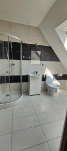 een badkamer met een douche, een toilet en een wastafel bij Mrowisko 
