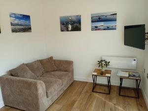 a living room with a couch and a tv at theoldgarage in Chichester