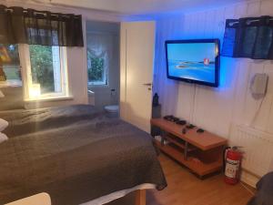 een slaapkamer met een bed en een tv aan de muur bij Humlebo in Åsa