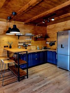 a kitchen with blue cabinets and a stainless steel refrigerator at Twin Cabins / Cabanele Gemene in Suceava