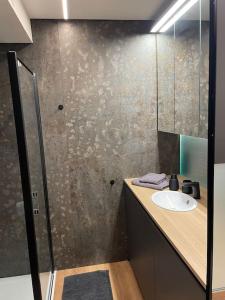 a bathroom with a sink and a mirror at Wohnung in Vilshofen in Vilshofen an der Donau