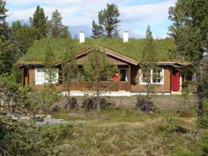 una casa con techo de hierba y puerta roja en Lemonsjø Fjellstue og Hyttegrend en Randsverk