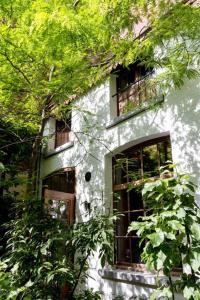 een gebouw met twee ramen en enkele bomen bij Carriage House in quiet ecological garden in Antwerpen