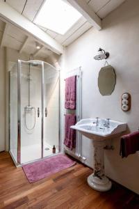 een badkamer met een douche en een wastafel bij Carriage House in quiet ecological garden in Antwerpen