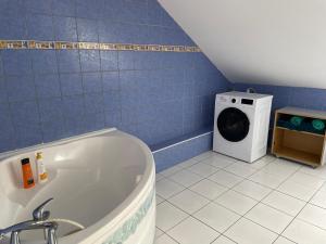 uma casa de banho em azulejos azuis com uma máquina de lavar roupa em ti sable appartement à 5 minutes de la mer em Saint-Joseph