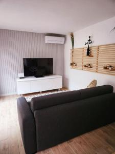 a living room with a couch and a flat screen tv at Petite villa en bois in Montbazin +17 photos