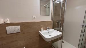 a bathroom with a sink and a shower at Air-conditioned 2 room Apartment, with terrace, Rovinka, 202 in Rovinka +5 photos
