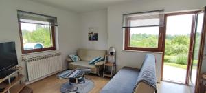 a living room with a couch and a tv and two windows at Guest House Kolić in Drežnik Grad