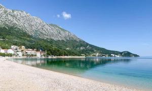 a beach with a small town in the distance at Apartmani Ivano in Igrane