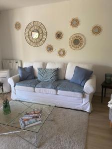 ein Wohnzimmer mit einem Sofa und einem Glastisch in der Unterkunft Cashmere, Aix en Provence grand T2 avec jardin en ville in Aix-en-Provence