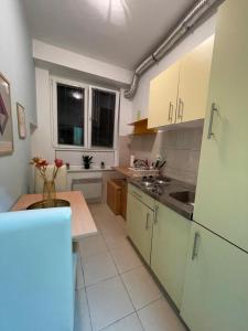 a kitchen with green cabinets and a sink and a table at Happy place in Sarajevo