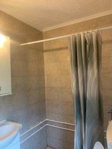 a bathroom with a shower with a shower curtain at Породично газдинство Вучићевић Porodično gazdinstvo Vučićević in Bačevci